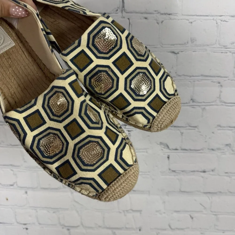 Tory Burch Espadrille Flats Size 11 Blue Gold Geometric Sequin Canvas Slip On